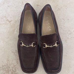 GUCCI  Brown Suede Leather  Gold But MENS SHOES  Loafers Nearly New Size 9.5